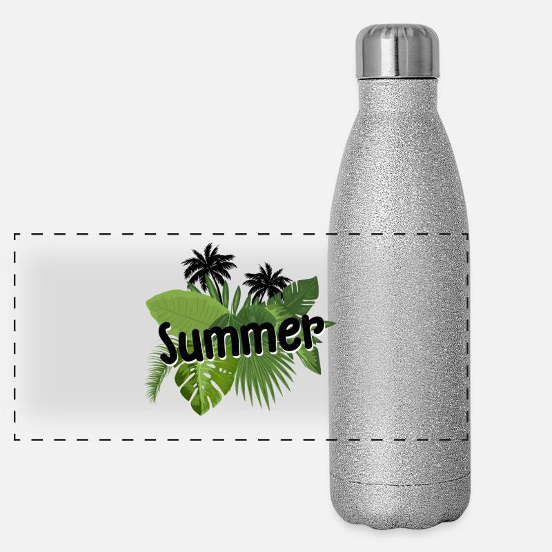 Summer -Schriftzug mit tropischen Blättern Panorama Glitzer Isolierflasche 500 ml