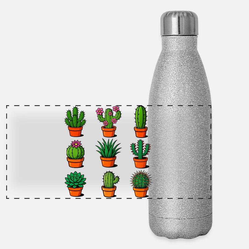 Various cacti in terracotta pots Panoramic Glitter Thermal Bottle 500 ml