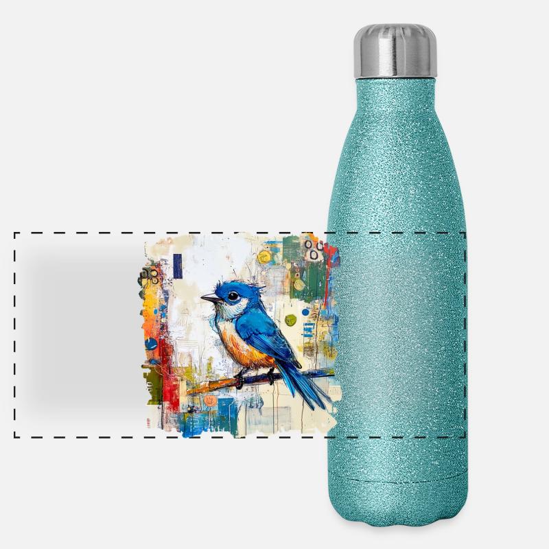 Blauer Vogel im abstrakten Farbmeer Panorama Glitzer Isolierflasche 500 ml