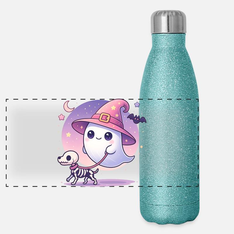 Fantôme de sorcière rose avec chien squelette – Halloween Gourde isotherme panoramique pailletée 500 ml