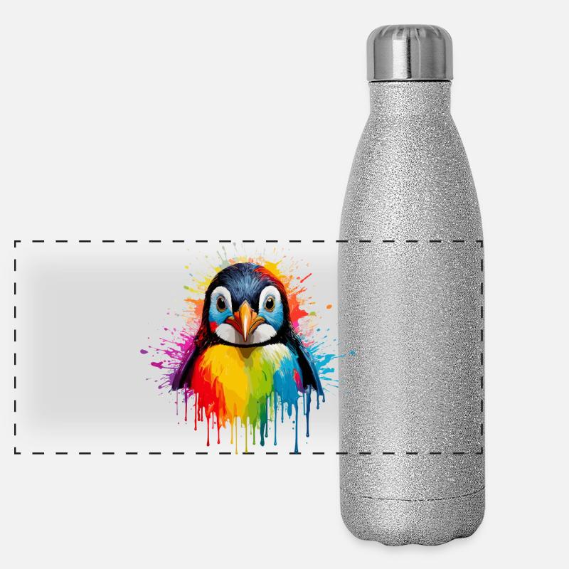 Art éclaboussuré de manchots arc-en-ciel Gourde isotherme panoramique pailletée 500 ml