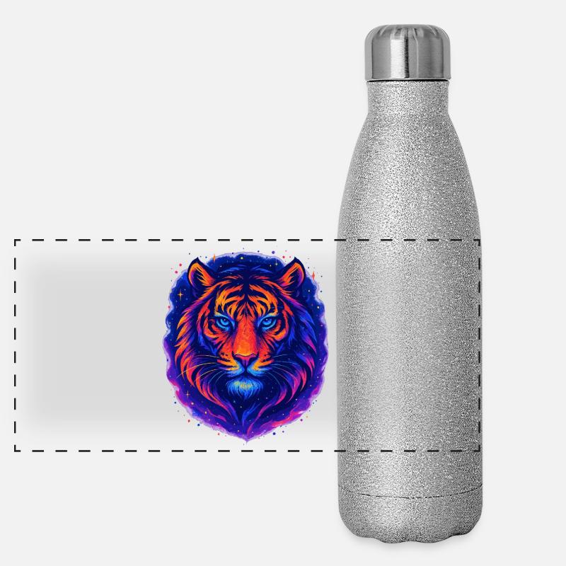 Neon Tiger Kunst Design – Wilder Blick - Panorama Glitzer Isolierflasche 500 ml - Silber Glitzer