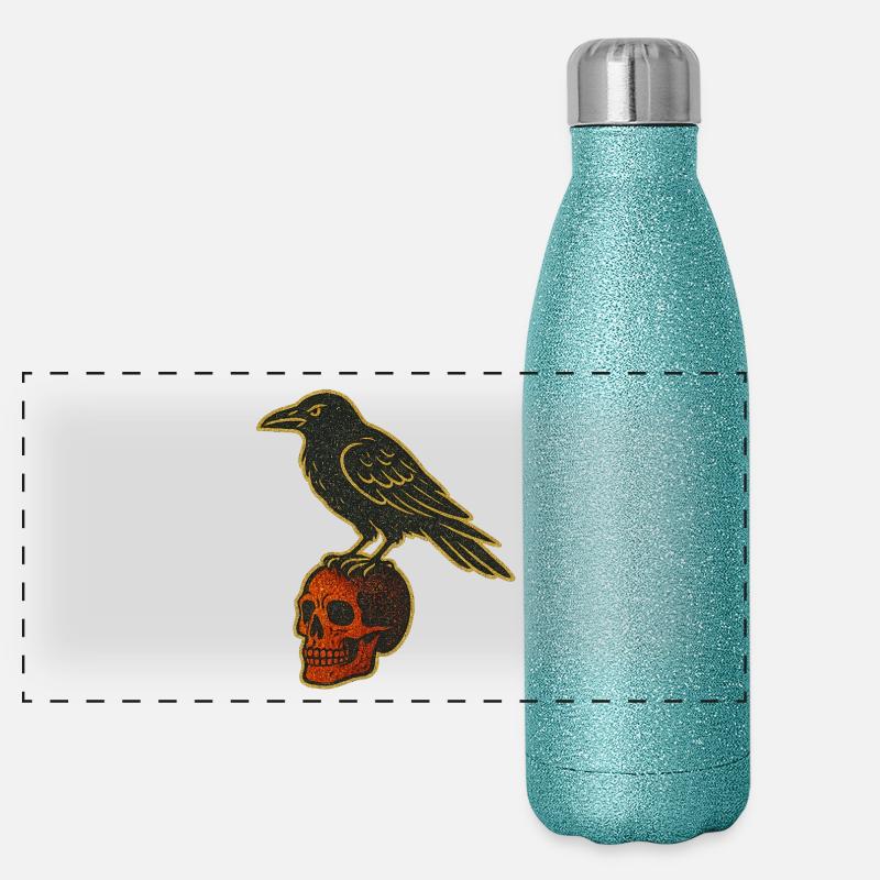 Corbeau sur crâne en aspect doré Gourde isotherme panoramique pailletée 500 ml