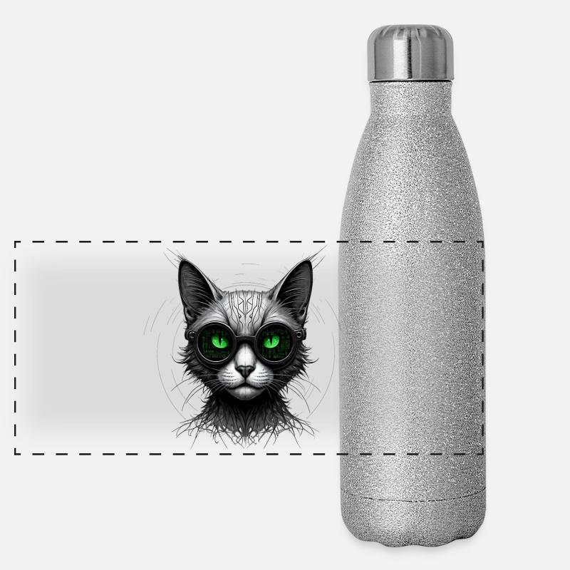 Chat geek codeur informatique au regard vert Gourde isotherme panoramique pailletée 500 ml