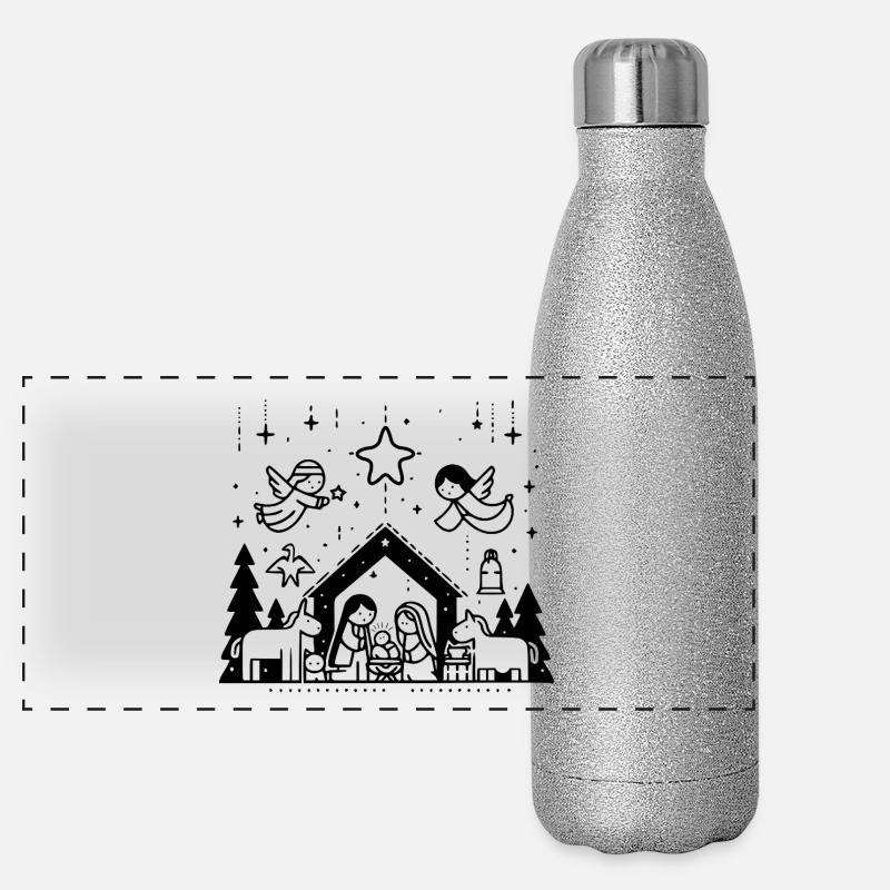 Scène de la crèche de Noël dessinée Gourde isotherme panoramique pailletée 500 ml