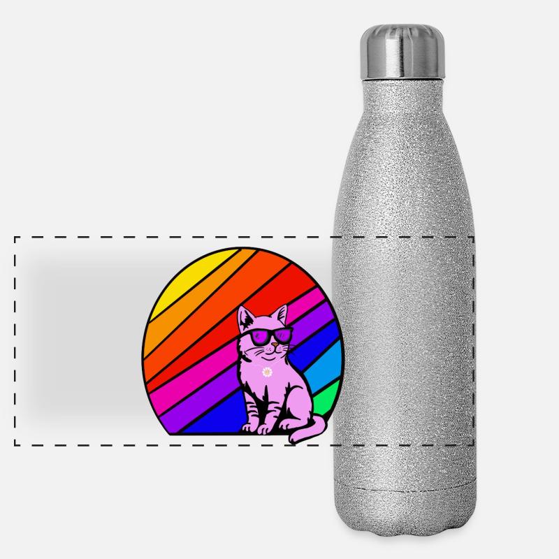 Regenbogenkatze mit Sonnenbrille - Panorama Glitzer Isolierflasche 500 ml - Silber Glitzer