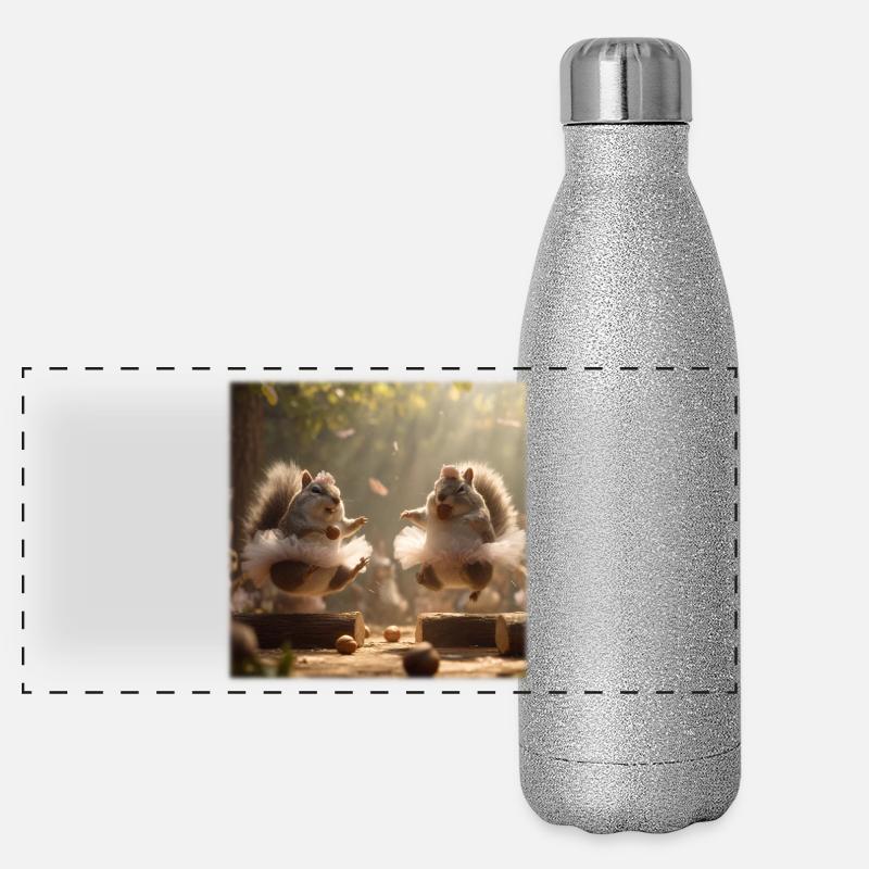 Dancing squirrels in tutu with acorns Panoramic Glitter Thermal Bottle 500 ml