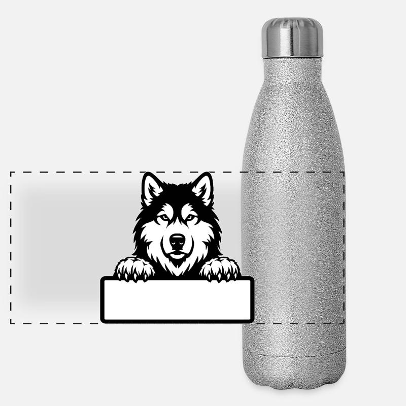 Alaskan Malamute Name Tag Black & White Panoramic Glitter Thermal Bottle 500 ml