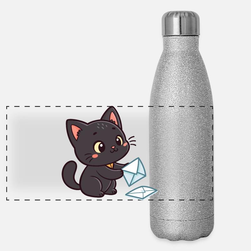 Kawaii Black Cat and Envelopes Panoramic Glitter Thermal Bottle 500 ml
