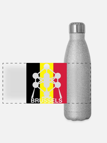 Brussels Atomium – Icône du Carré du Drapeau belge - Gourde isotherme panoramique pailletée 500 ml - paillettes argentées - Devant