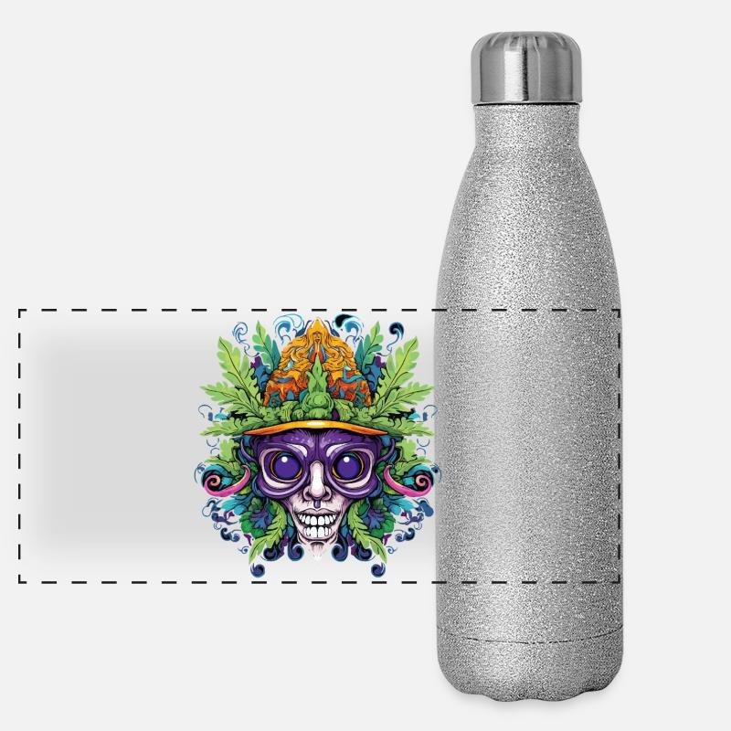 Psychedelischer Schädel mit Blattkrone Panorama Glitzer Isolierflasche 500 ml