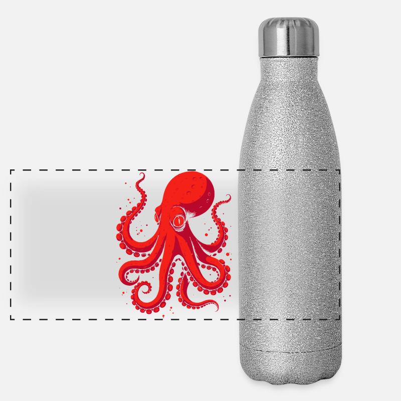 Crimson Octopus Pop Art Panoramic Glitter Thermal Bottle 500 ml