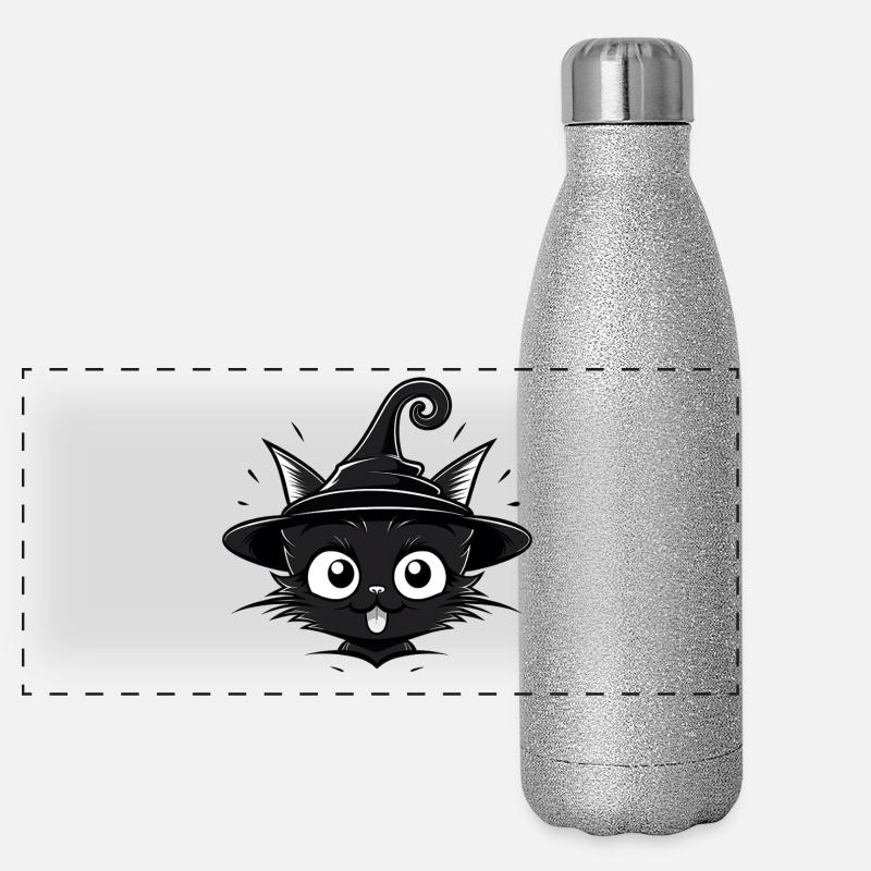 Schwarze Katzenzauberin mit Hexenhut - Katze Panorama Glitzer Isolierflasche 500 ml