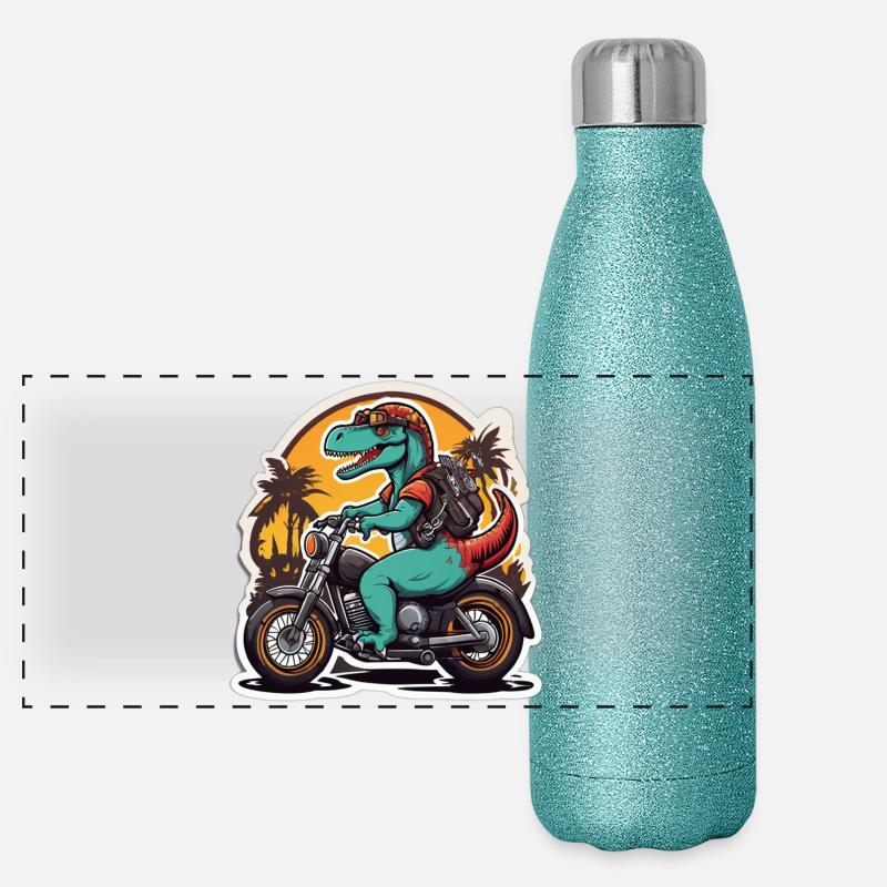 Biker dinosaur at sunset Panoramic Glitter Thermal Bottle 500 ml