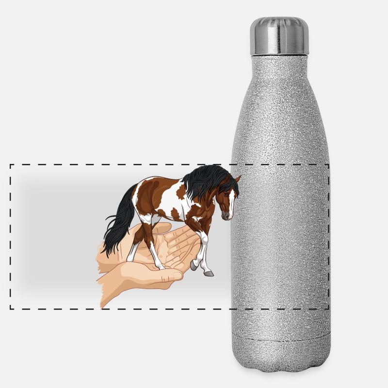 Un cheval pie qui sort de deux mains jointes Gourde isotherme panoramique pailletée 500 ml