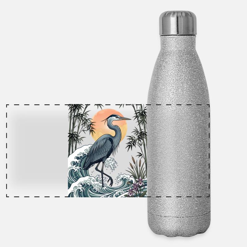 Great Blue Heron Great Wave Coastal Wildlife Art Panoramic Glitter Thermal Bottle 500 ml