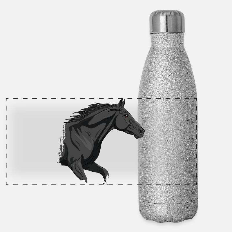 Der Kopf eines galoppierenden schwarzen Pferdes Panorama Glitzer Isolierflasche 500 ml