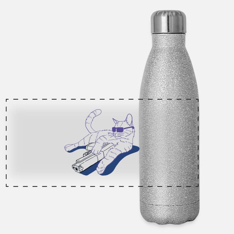 Chat avec arme et lunettes de soleil Gourde isotherme panoramique pailletée 500 ml