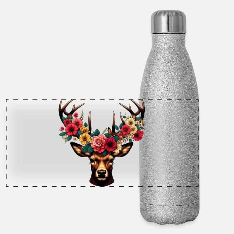 Hirsch mit Blumen Panorama Glitzer Isolierflasche 500 ml