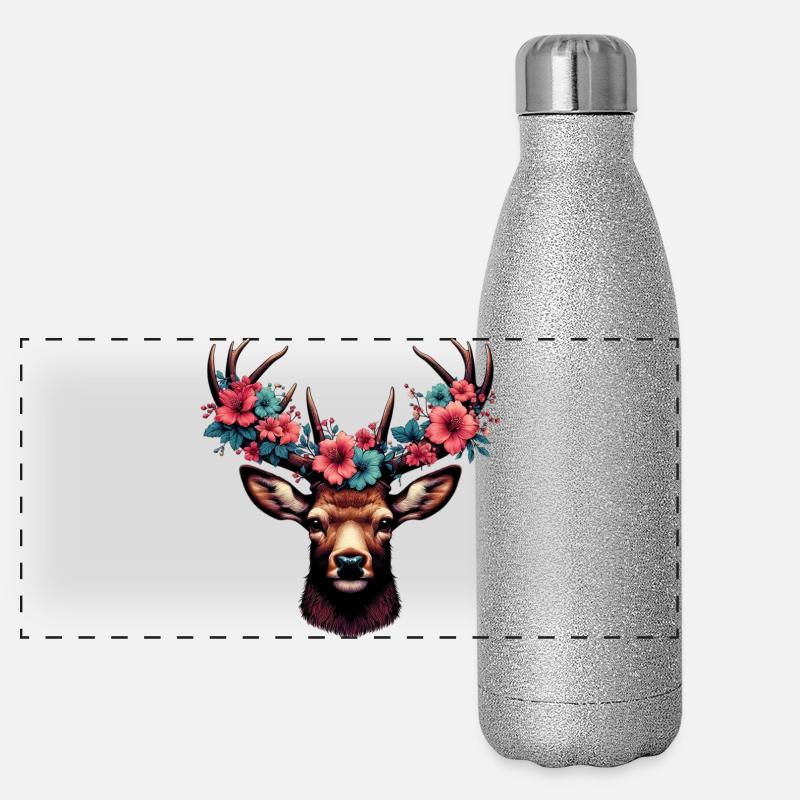 Cerf avec des fleurs Gourde isotherme panoramique pailletée 500 ml