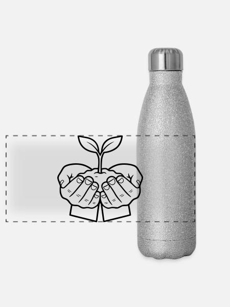 Pflanze in Händen | Wachstum & Hoffnung - Panorama Glitzer Isolierflasche 500 ml - Silber Glitzer
