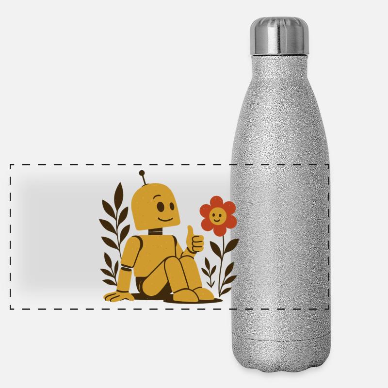 Roboter & Blume – Technik trifft Natur Panorama Glitzer Isolierflasche 500 ml