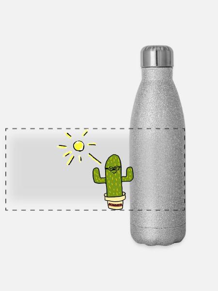 Kaktus mit Sonnenlächeln - Panorama Glitzer Isolierflasche 500 ml - Silber Glitzer