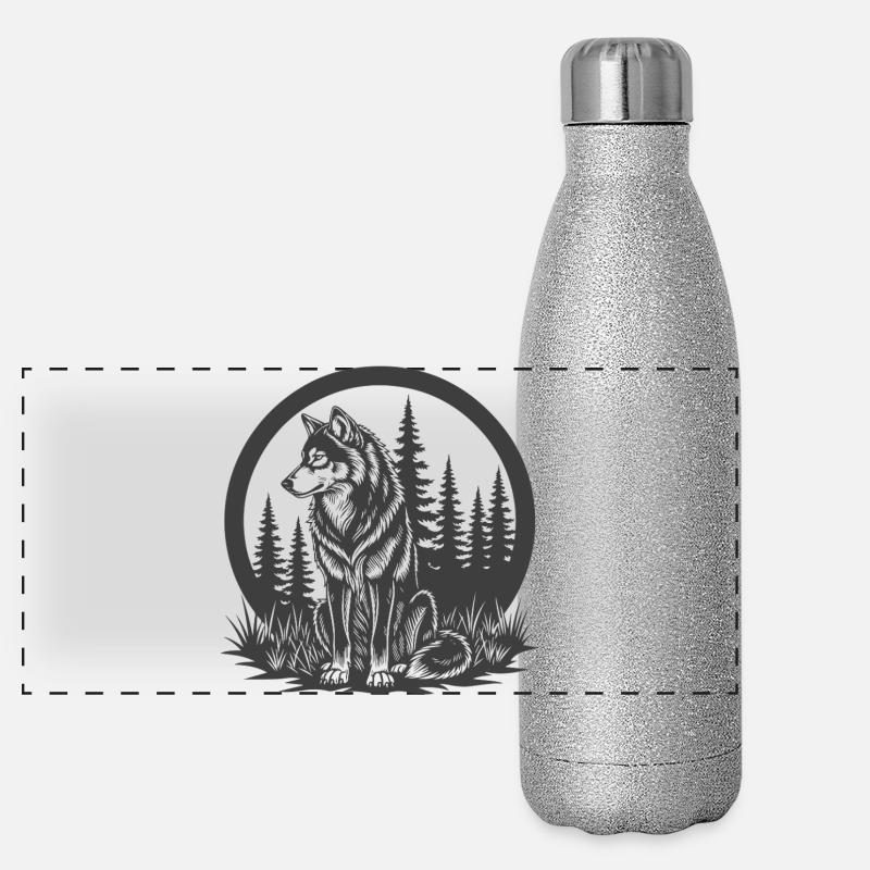 Loup dans les bois dans un cadre circulaire Gourde isotherme panoramique pailletée 500 ml
