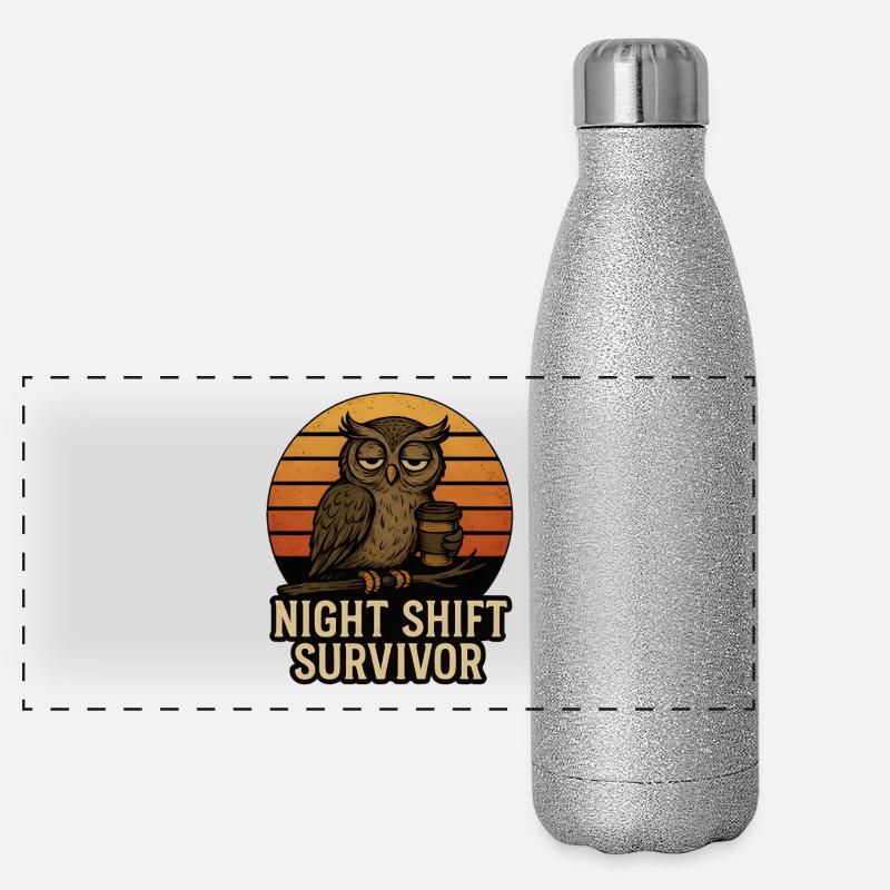Übernächtigte Eule - Night Shift Survivor Panorama Glitzer Isolierflasche 500 ml
