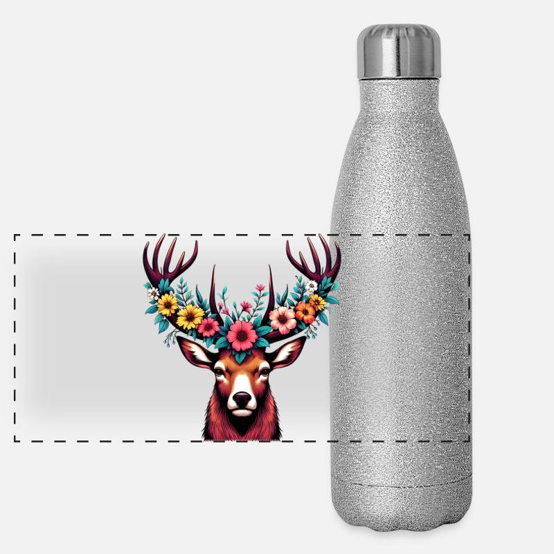 Cerf avec des fleurs Gourde isotherme panoramique pailletée 500 ml