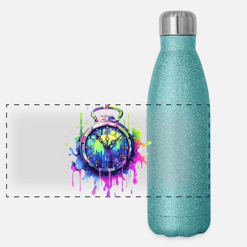 Bunte Uhr mit Farbspritzern Panorama Glitzer Isolierflasche 500 ml