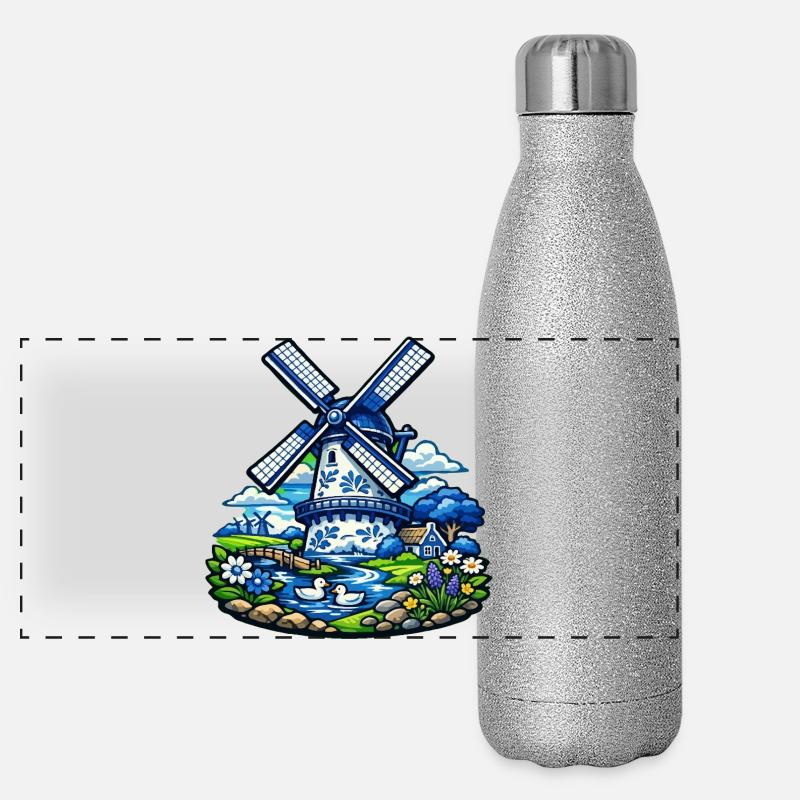 Blue Windmill in Garden Panoramic Glitter Thermal Bottle 500 ml