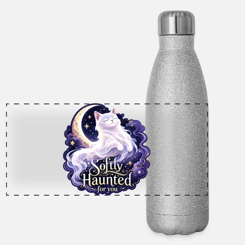 Doucement hanté White Moon Cat Gothic Celestial Gourde isotherme panoramique pailletée 500 ml