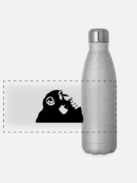 nachdenklicher Schimpanse - Panorama Glitzer Isolierflasche 500 ml - Silber Glitzer - Vorne