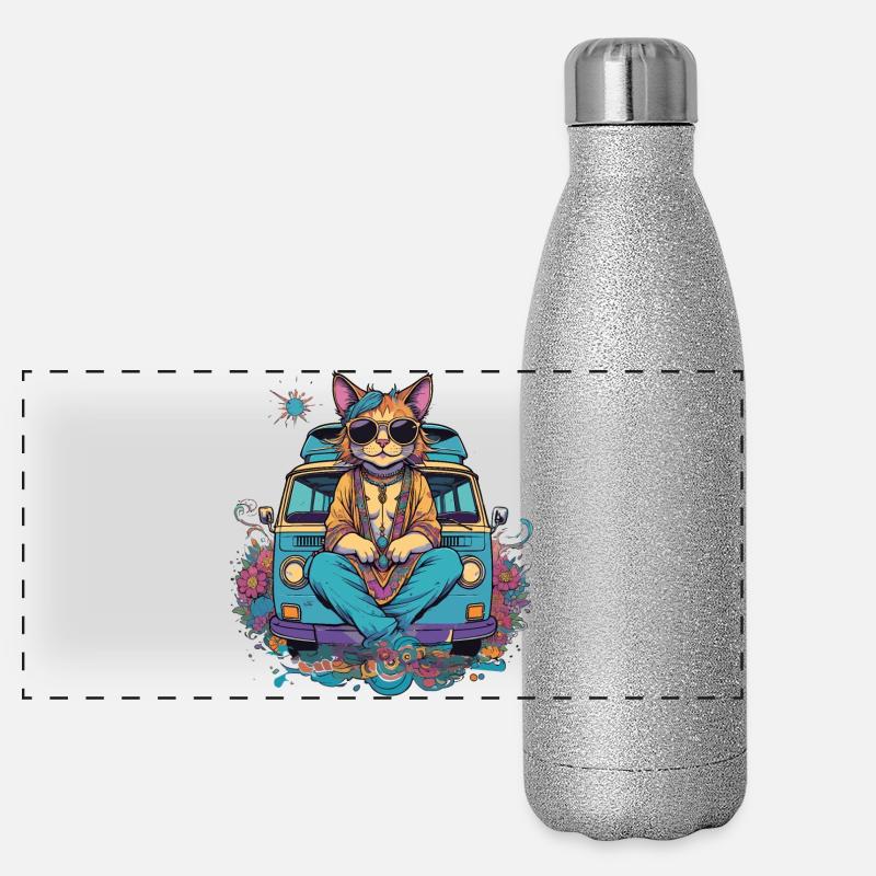 Hippie-Katze im Urlaub im Van, Humor Panorama Glitzer Isolierflasche 500 ml