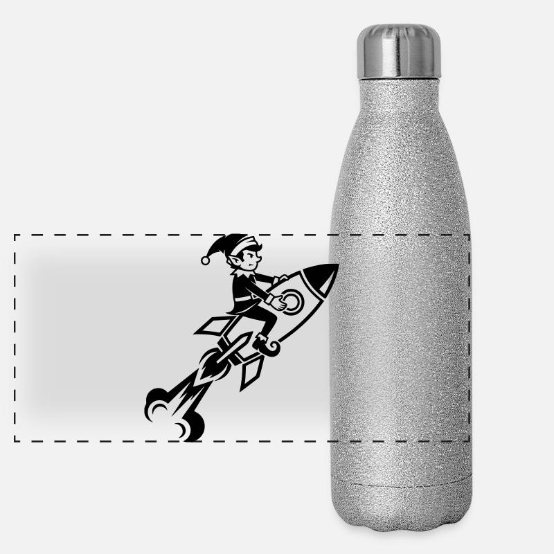 Gnome sur le design de dessins animés de fusée volante Gourde isotherme panoramique pailletée 500 ml