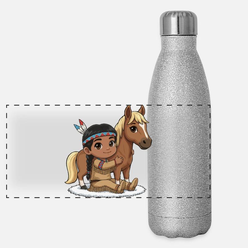 Indianerkind mit Pferd Panorama Glitzer Isolierflasche 500 ml