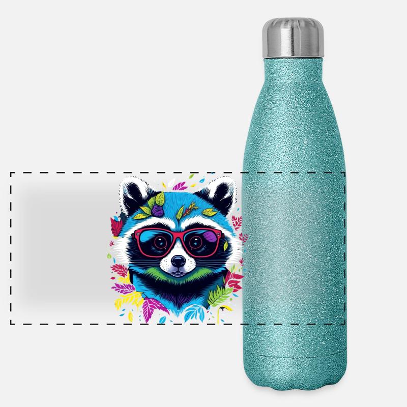 Bunter Waschbär mit Brille und Blättern Panorama Glitzer Isolierflasche 500 ml