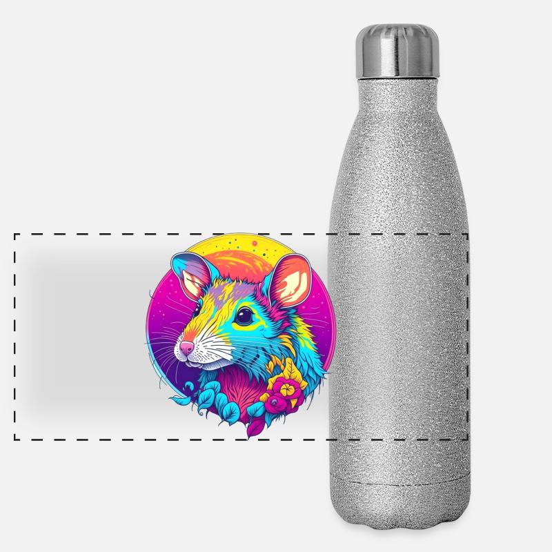 Psychedelische Neonratte mit Blüten Panorama Glitzer Isolierflasche 500 ml