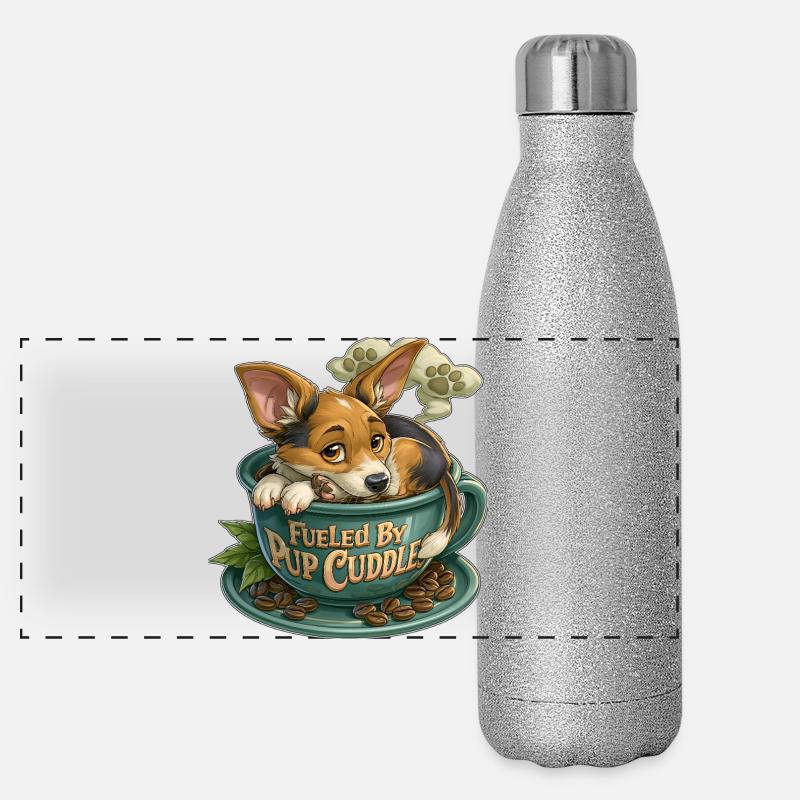 Welpe kuschelt in Kaffeetasse Panorama Glitzer Isolierflasche 500 ml