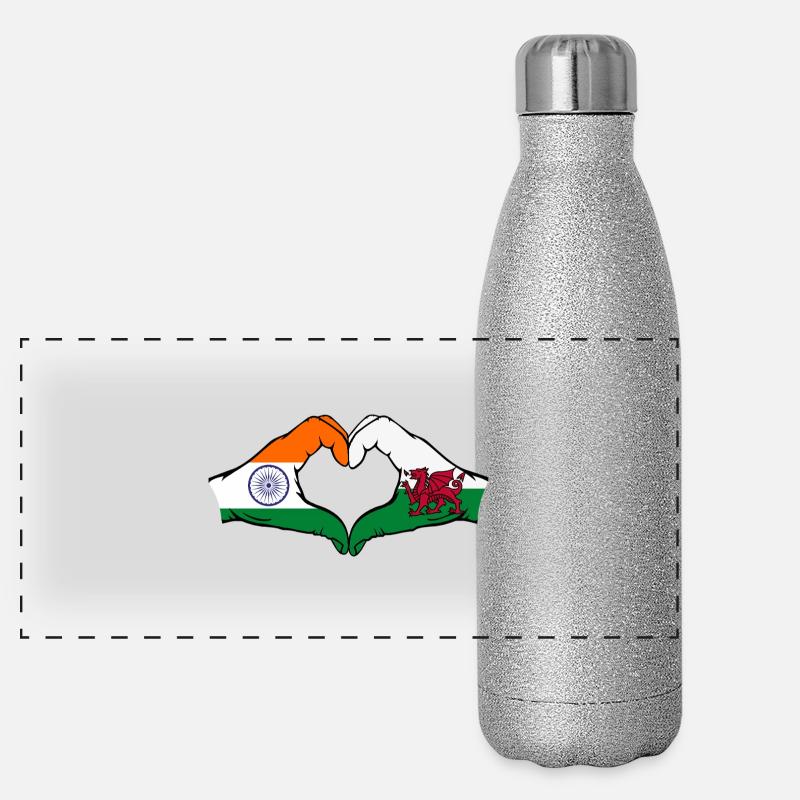 Inde Pays de Galles Drapeau Mains Coeur Forme Gourde isotherme panoramique pailletée 500 ml