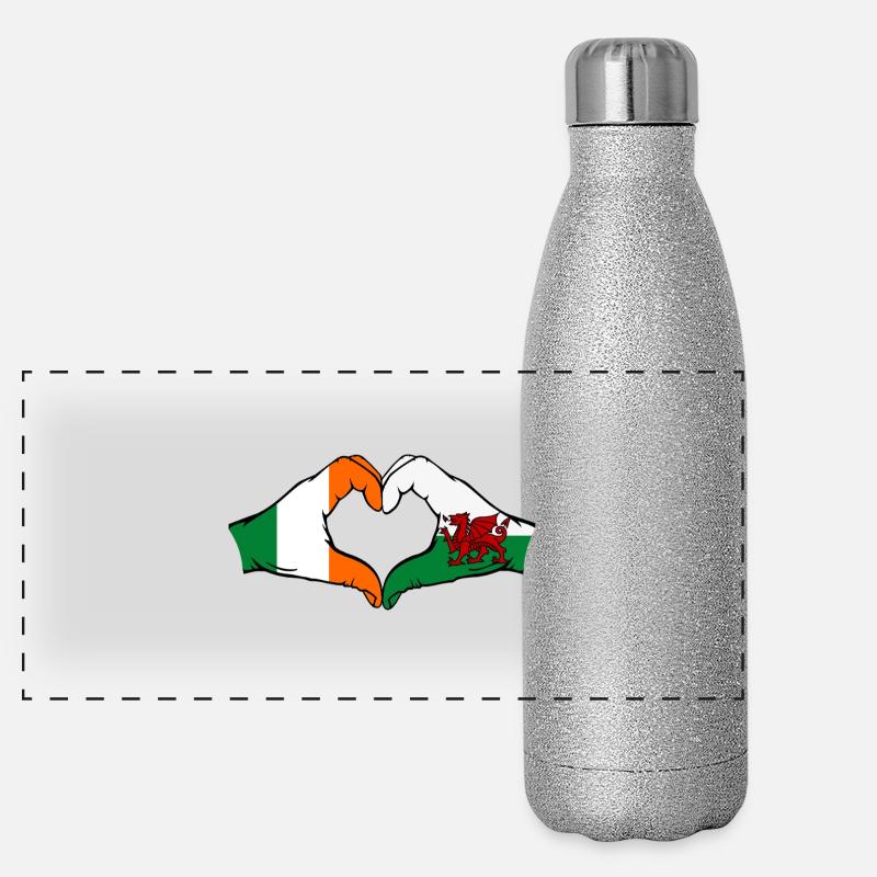 Irlande Pays de Galles Drapeau Mains Coeur Forme Gourde isotherme panoramique pailletée 500 ml