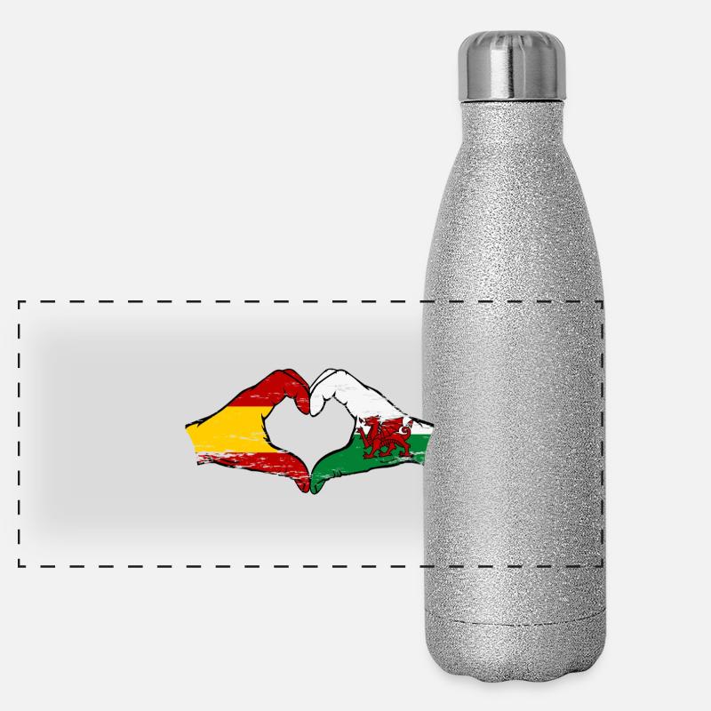 Espagne Drapeau Pays de Galles mains forme coeur utilisé Gourde isotherme panoramique pailletée 500 ml
