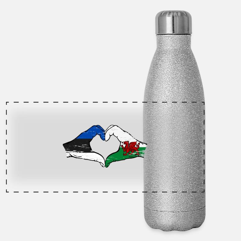 Estonie Pays de Galles drapeau mains forme de coeur utilisé Gourde isotherme panoramique pailletée 500 ml