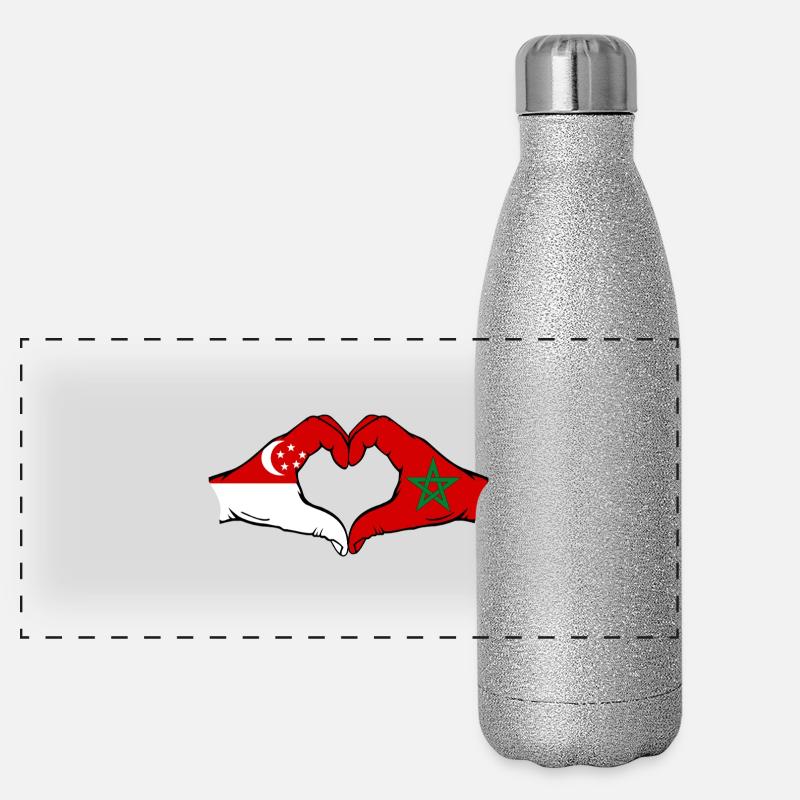 Singapour Maroc Drapeau Mains Coeur Forme Gourde isotherme panoramique pailletée 500 ml