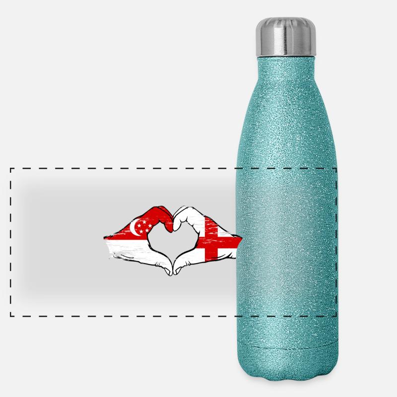 Singapour Angleterre drapeau mains forme de coeur utilisé Gourde isotherme panoramique pailletée 500 ml