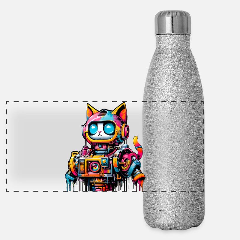Chat conçu comme un robot dans le style graffiti de la bande dessinée Gourde isotherme panoramique pailletée 500 ml