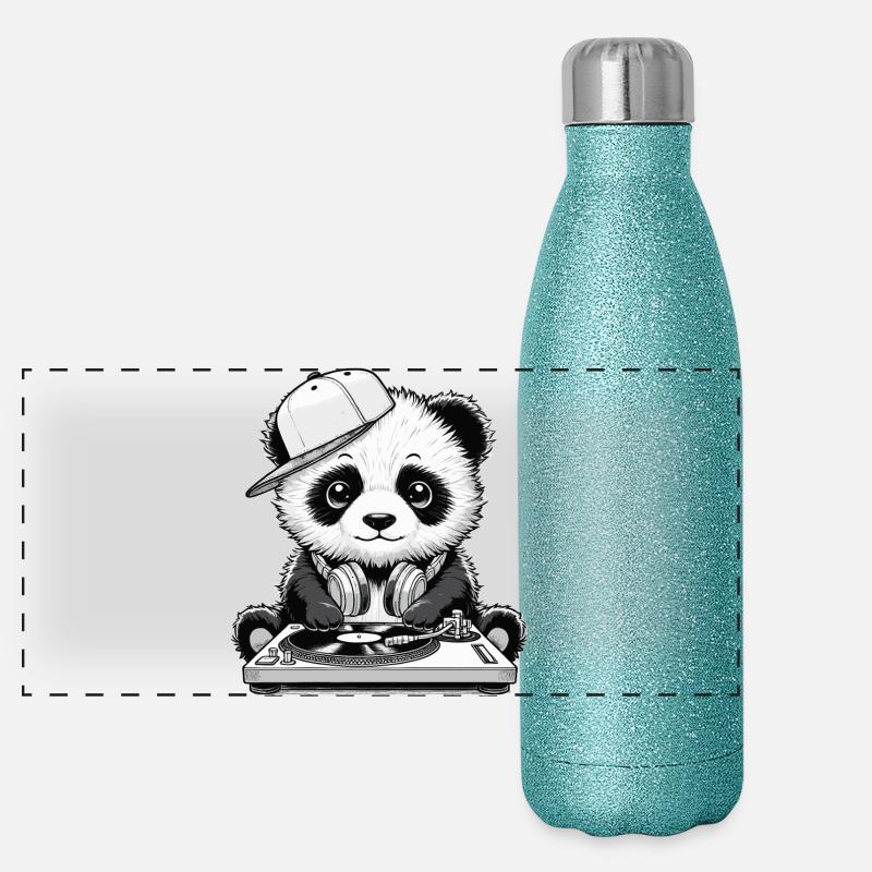 motif panda cool en tant que DJ avec des écouteurs Gourde isotherme panoramique pailletée 500 ml