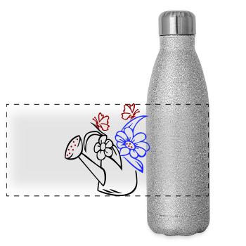 Gießkanne mit Blumen und Schmetterlingen - Panorama Glitzer Isolierflasche 500 ml - Silber Glitzer - Vorne