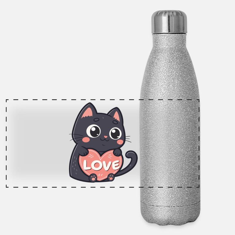Schwarze Katze Kuschelherz Liebe Panorama Glitzer Isolierflasche 500 ml